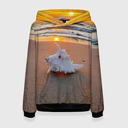 Толстовка-худи женская Ракушка на песочном берегу тихого океана, цвет: 3D-черный
