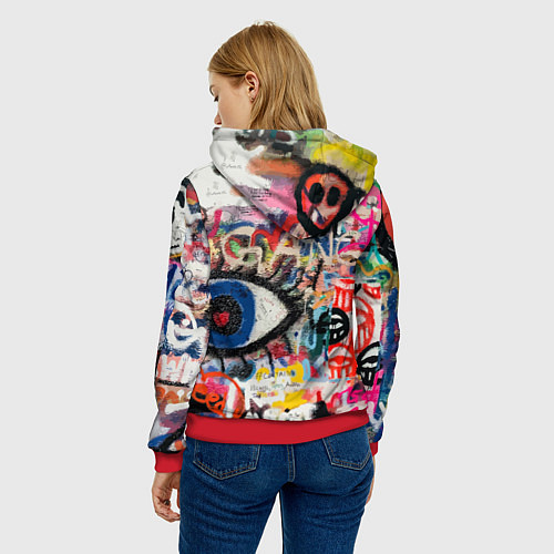 Женская толстовка Скейтбордист Барт Симпсон на фоне стены с граффити / 3D-Красный – фото 4