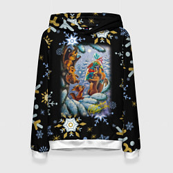 Толстовка-худи женская Новый год белка с бельчатами, цвет: 3D-белый