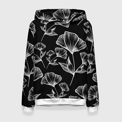 Толстовка-худи женская Графичные цветы на черном фоне, цвет: 3D-белый