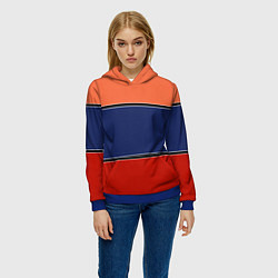 Толстовка-худи женская Combined pattern striped orange red blue, цвет: 3D-синий — фото 2