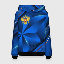 Толстовка-худи женская Герб РФ на синем объемном фоне, цвет: 3D-черный