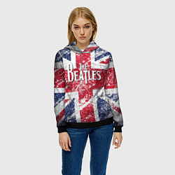 Толстовка-худи женская The Beatles - лого на фоне флага Великобритании, цвет: 3D-черный — фото 2