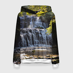 Толстовка-худи женская Водопад, солнечные лучи и лес, цвет: 3D-белый