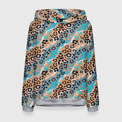 Толстовка-худи женская Леопардовый узор на синих, бежевых диагональных по, цвет: 3D-меланж