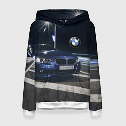 Толстовка-худи женская BMW на ночной трассе, цвет: 3D-белый