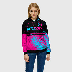 Толстовка-худи женская Mazda - neon gradient: символ сверху, цвет: 3D-черный — фото 2