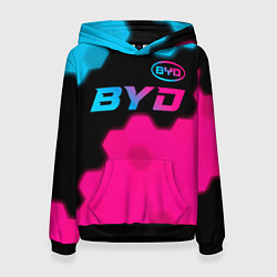 Толстовка-худи женская BYD - neon gradient: символ сверху, цвет: 3D-черный