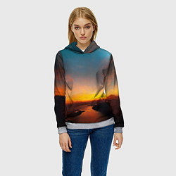 Толстовка-худи женская Горная река на фоне заката, цвет: 3D-меланж — фото 2