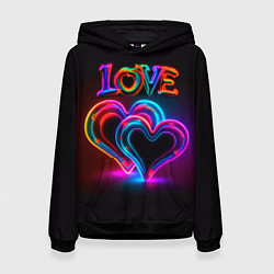 Толстовка-худи женская Love - неоновые сердца, цвет: 3D-черный