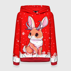 Толстовка-худи женская Кролик олень - кролик с рожками, цвет: 3D-красный