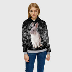 Толстовка-худи женская Кролик и пушистые снежинки, цвет: 3D-меланж — фото 2