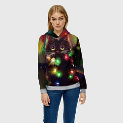 Толстовка-худи женская Новый Год Кот, цвет: 3D-меланж — фото 2
