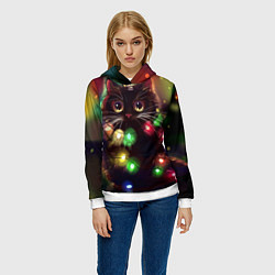 Толстовка-худи женская Новый Год Кот, цвет: 3D-белый — фото 2