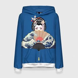 Толстовка-худи женская Японская гейша с большим веером, цвет: 3D-белый