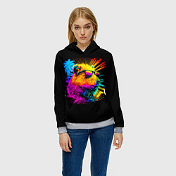Толстовка-худи женская Капибара в тёмных очках - поп арт, цвет: 3D-меланж — фото 2