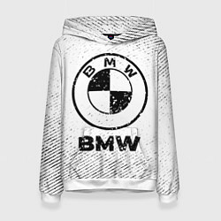 Толстовка-худи женская BMW с потертостями на светлом фоне, цвет: 3D-белый