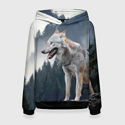 Толстовка-худи женская Волк на фоне леса, цвет: 3D-черный