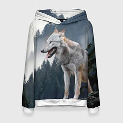 Толстовка-худи женская Волк на фоне леса, цвет: 3D-белый