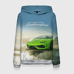 Толстовка-худи женская Ламборджини на берегу океана, цвет: 3D-меланж
