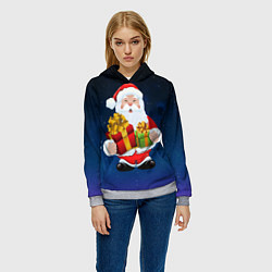 Толстовка-худи женская Санта Клаус с двумя подарками, цвет: 3D-меланж — фото 2