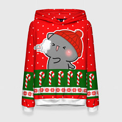 Толстовка-худи женская Серый котик - играет в снежки, цвет: 3D-белый