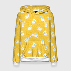Толстовка-худи женская Кролики на пшеничном поле, цвет: 3D-белый