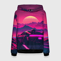 Толстовка-худи женская Синтвейв закат с автомобилем, цвет: 3D-черный