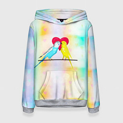 Толстовка-худи женская Влюбленные волнистые попугайчики, цвет: 3D-меланж