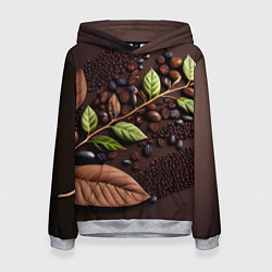 Толстовка-худи женская Кофейные зерна и листья чая, цвет: 3D-меланж