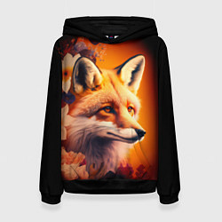Толстовка-худи женская Огненно рыжая лиса в цветах, цвет: 3D-черный