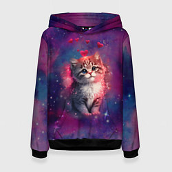 Толстовка-худи женская Космически котенок, цвет: 3D-черный