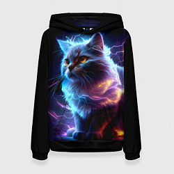 Толстовка-худи женская Электрический котёнок искрящий молниями, цвет: 3D-черный
