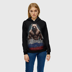 Толстовка-худи женская Патриотичный медведь с российским флагом, цвет: 3D-черный — фото 2