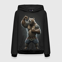Толстовка-худи женская Медведь показывает свою силу, цвет: 3D-черный