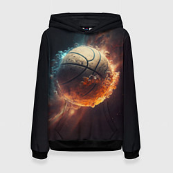 Толстовка-худи женская Баскетбольный мяч в космосе, цвет: 3D-черный