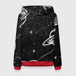 Толстовка-худи женская Черно-белый Сатурн, цвет: 3D-красный
