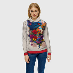 Толстовка-худи женская Профиль девушки с птицей - татуировка, цвет: 3D-красный — фото 2