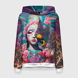 Толстовка-худи женская Japanese girl with a bird - irezumi, цвет: 3D-белый