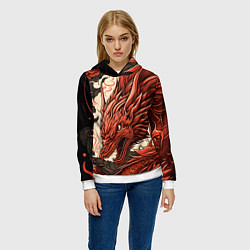 Толстовка-худи женская Японский краcный дракон, цвет: 3D-белый — фото 2