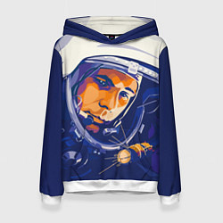 Толстовка-худи женская Юрий Гагарин в скафандре, цвет: 3D-белый