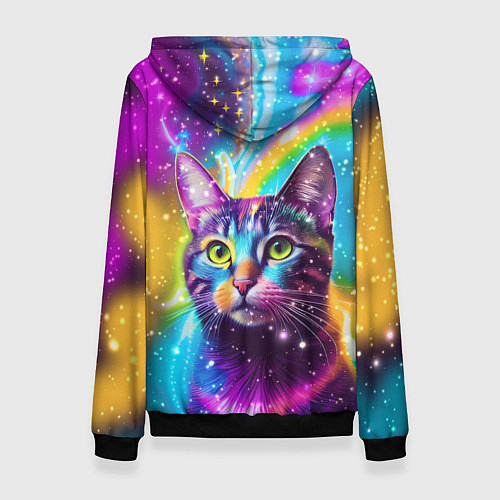 Женская толстовка Полосатый кот с разноцветной звездной туманностью / 3D-Черный – фото 2