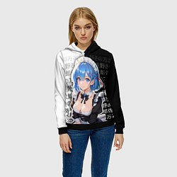 Толстовка-худи женская Рем - re zero - иероглифы, цвет: 3D-черный — фото 2