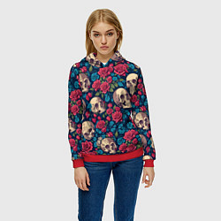 Толстовка-худи женская Черепа и красные розы, цвет: 3D-красный — фото 2
