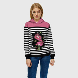 Толстовка-худи женская Розовые акварельные маки на полосатом фоне, цвет: 3D-черный — фото 2