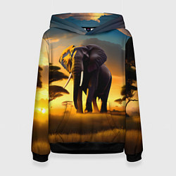Толстовка-худи женская Слон и рассвет в саванне, цвет: 3D-черный