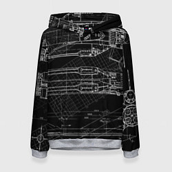 Толстовка-худи женская Чертеж ракеты на чёрном фоне, цвет: 3D-меланж