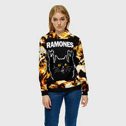 Толстовка-худи женская Ramones рок кот и огонь, цвет: 3D-черный — фото 2