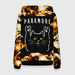 Толстовка-худи женская Paramore рок кот и огонь, цвет: 3D-черный