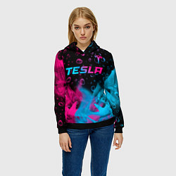 Толстовка-худи женская Tesla - neon gradient: символ сверху, цвет: 3D-черный — фото 2